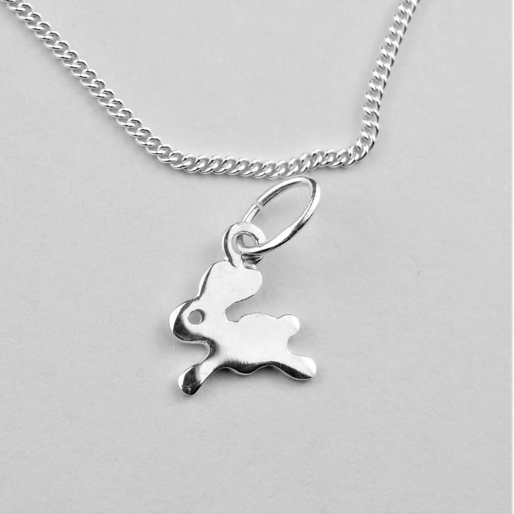 Sterling silver 8mm rabbit necklace with a 16" or 18" fine curb chain, in a gift box, with silver polishing cloth