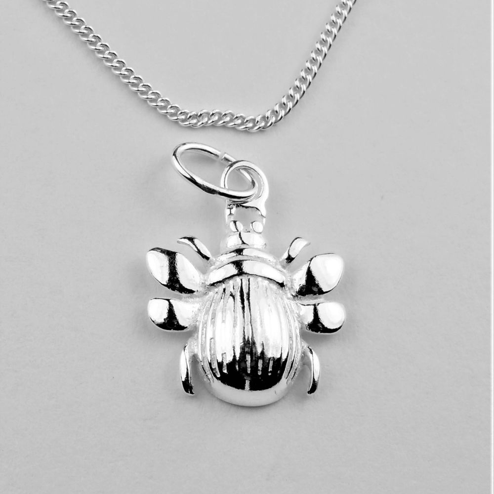 Sterling silver 11mm scarab necklace with a 16" or 18" fine curb chain, in a gift box