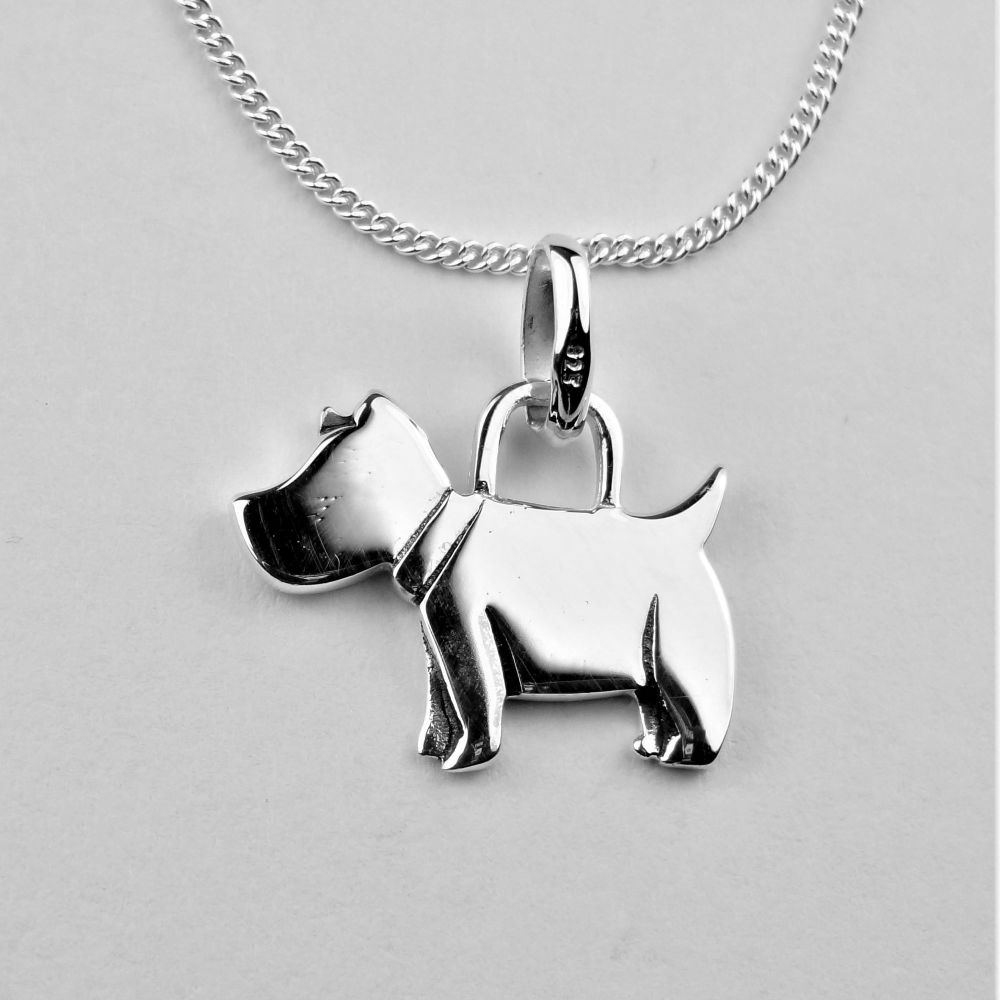 Sterling silver 16mm scottie dog necklace with a 16" or 18" fine curb chain, in a gift box