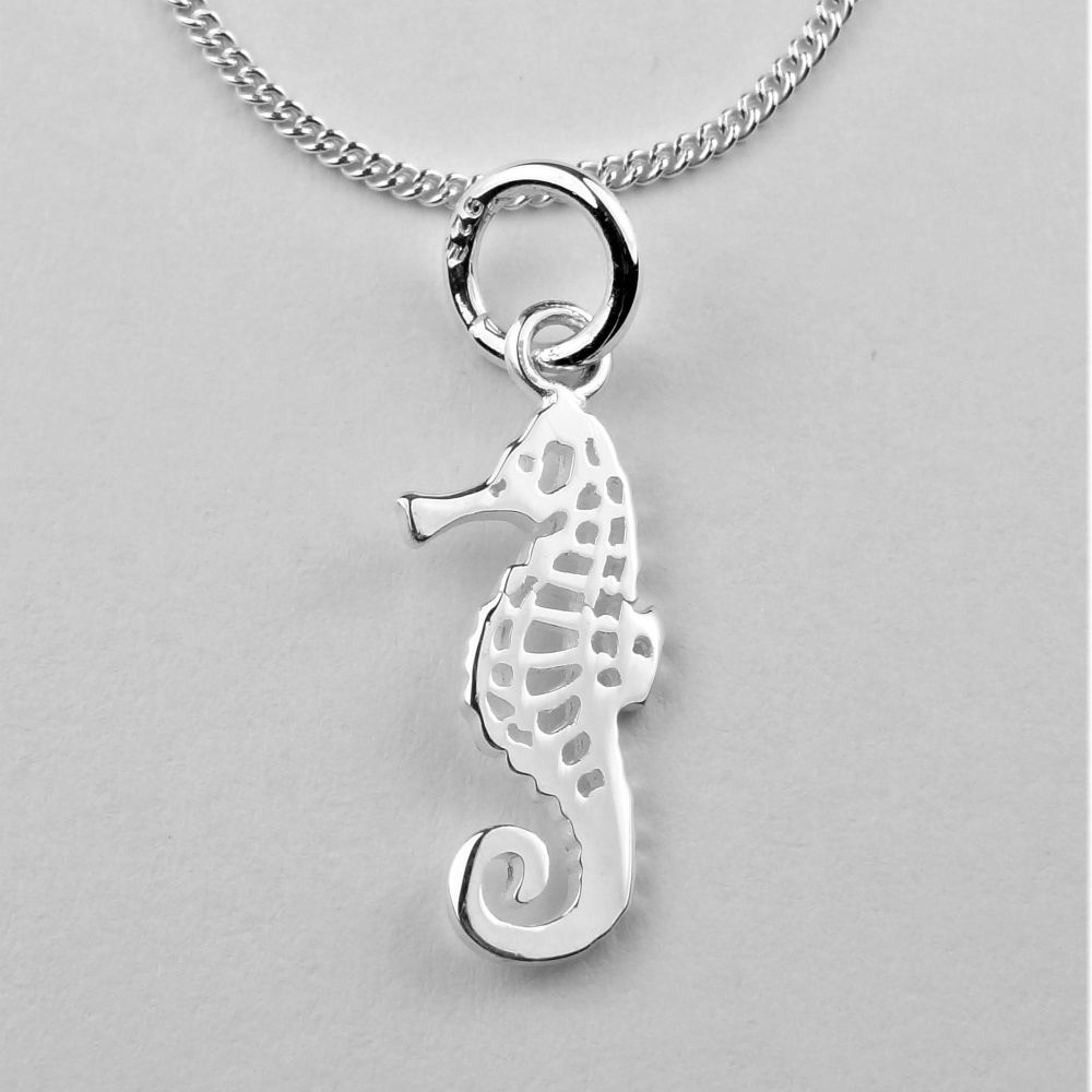 Sterling silver 19mm seahorse necklace with a 16" or 18" fine curb chain, in a gift box, with silver polishing cloth