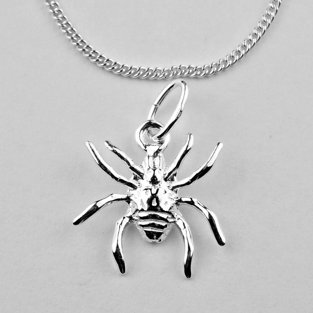 Sterling silver 12mm spider necklace with a 16" or 18" fine curb chain, in a gift box