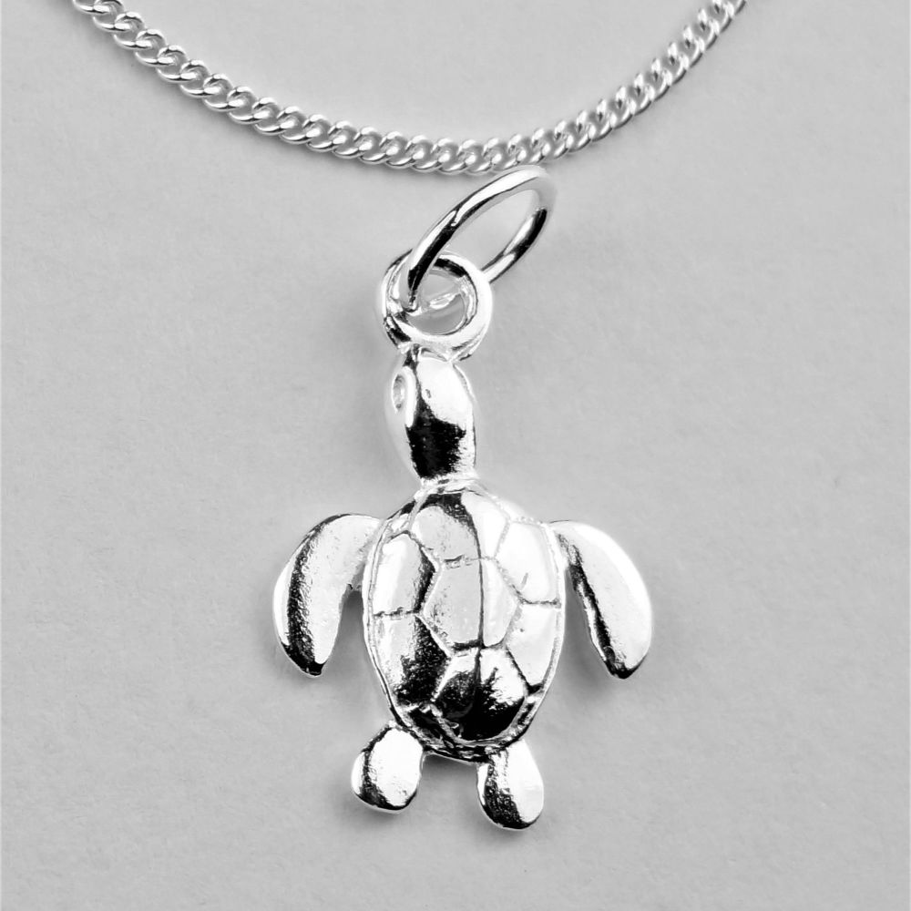 Sterling silver 13mm turtle necklace with a 16" or 18" fine curb chain, in a gift box