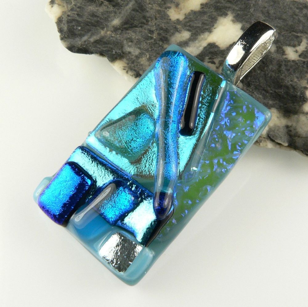 blue textured dichroic glass pendant