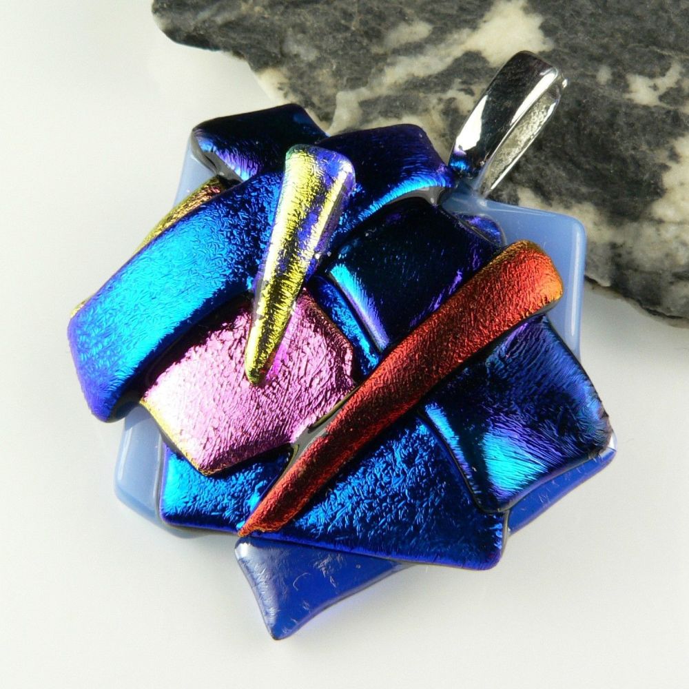 4.4cm textured, multi-coloured, Dichroic glass pendant, with leather cord & gift box (#30099)