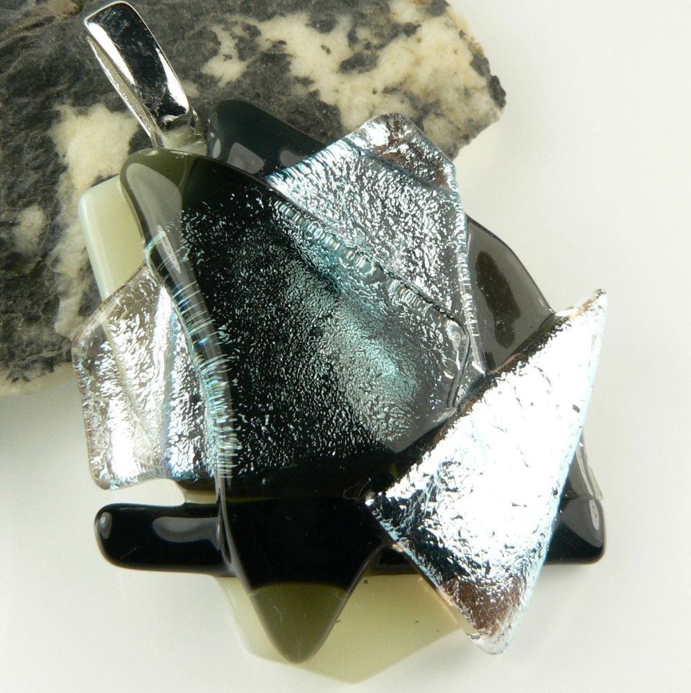 5cm textured monochrome Dichroic glass pendant, with leather cord & gift box (#30390)