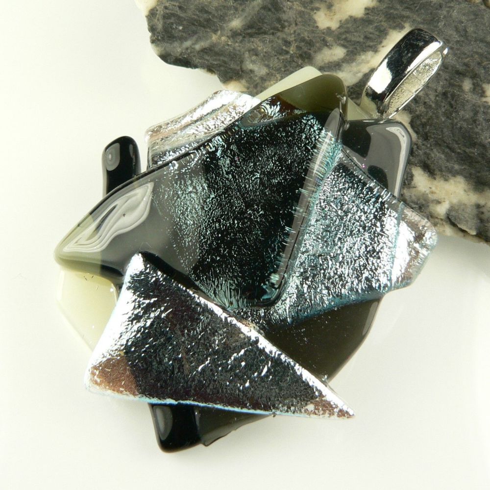 5cm textured monochrome Dichroic glass pendant, with leather cord & gift box (#30390)