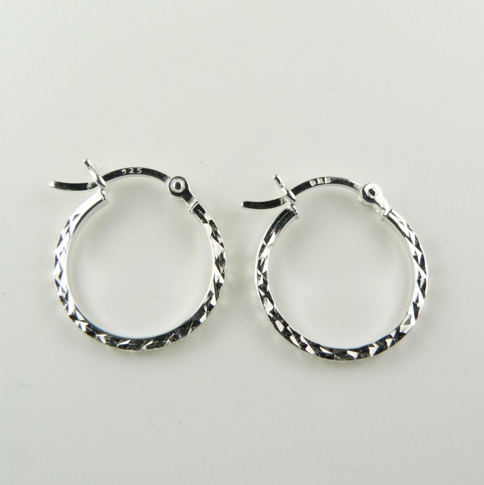 Pair of sterling silver 15mm square diamond cut, hinged, hoop earrings, in a gift box