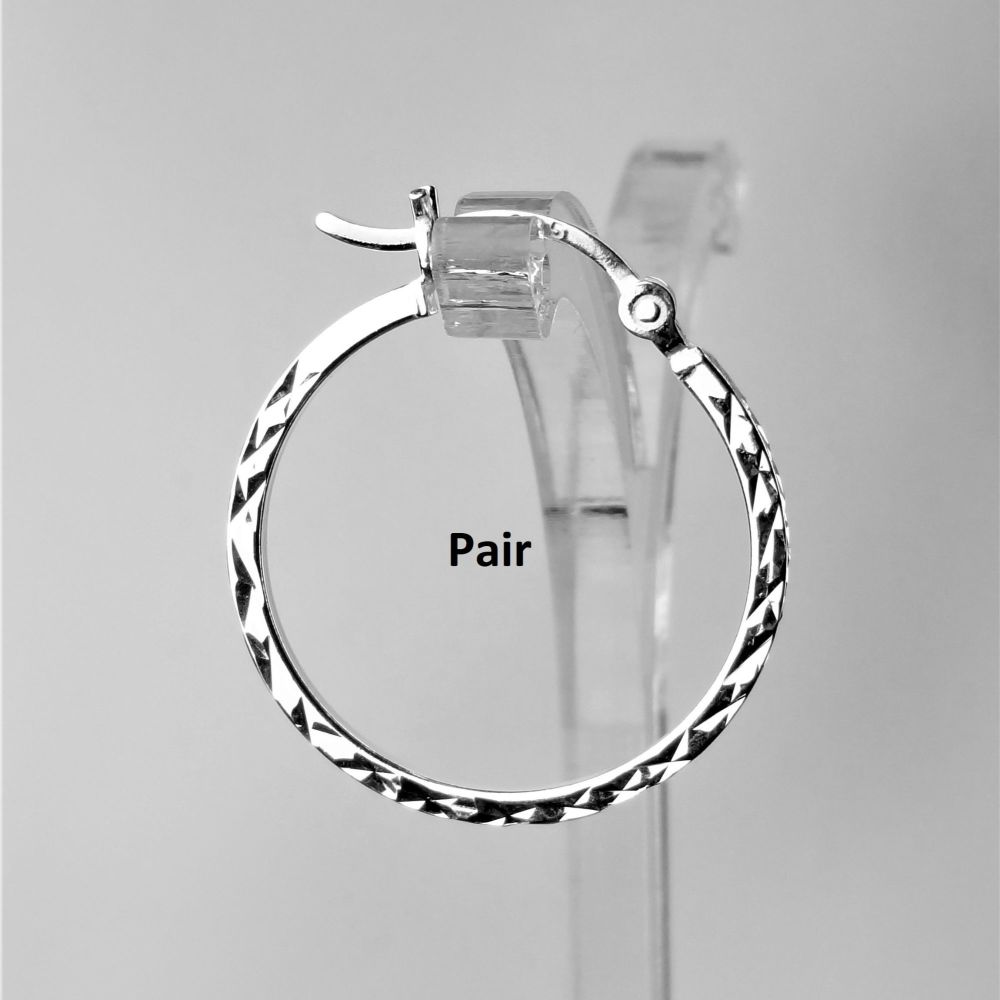 Pair of sterling silver 20mm square diamond cut, hinged, hoop earrings, in a gift box