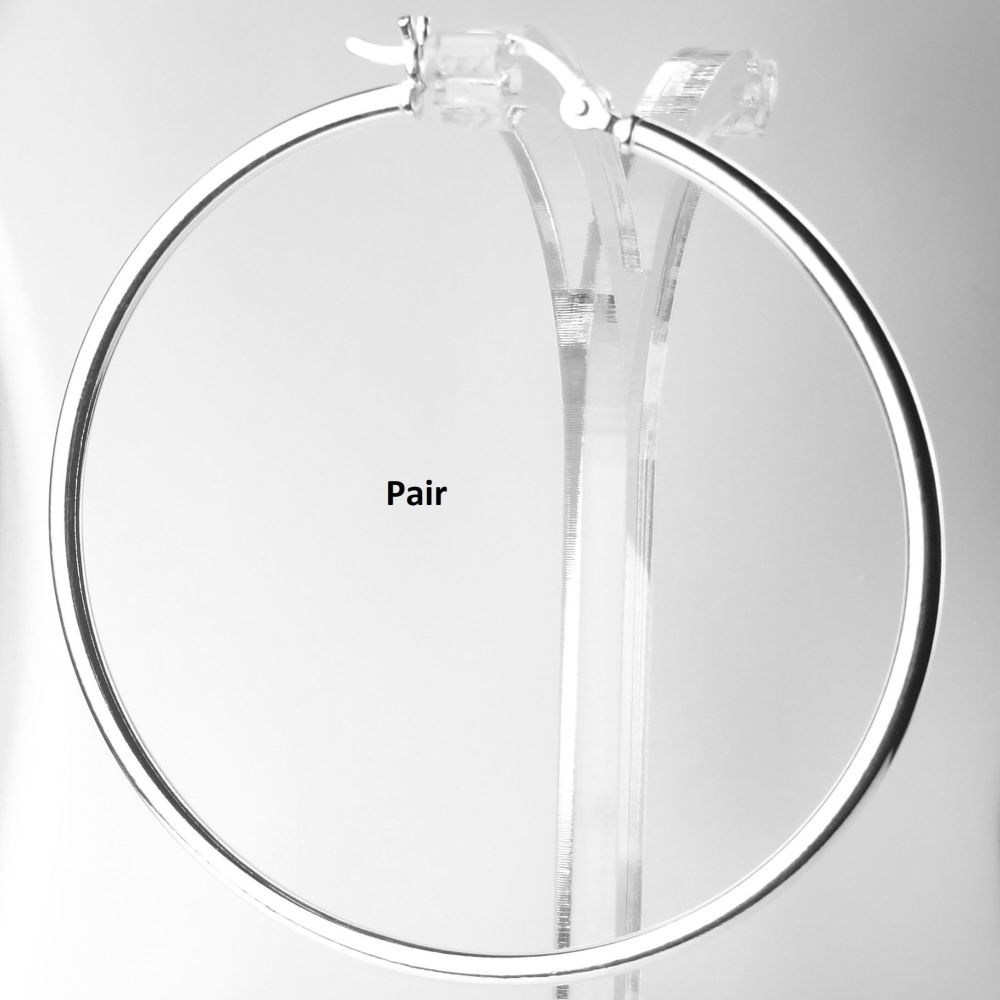 Pair of sterling silver 50mm hinged, hoop earrings, in a gift box with silver polishing cloth