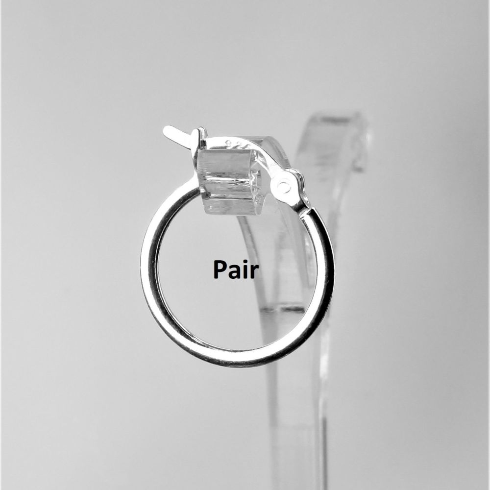 Pair of sterling silver 15mm hinged, hoop earrings, in a gift box with silver polishing cloth