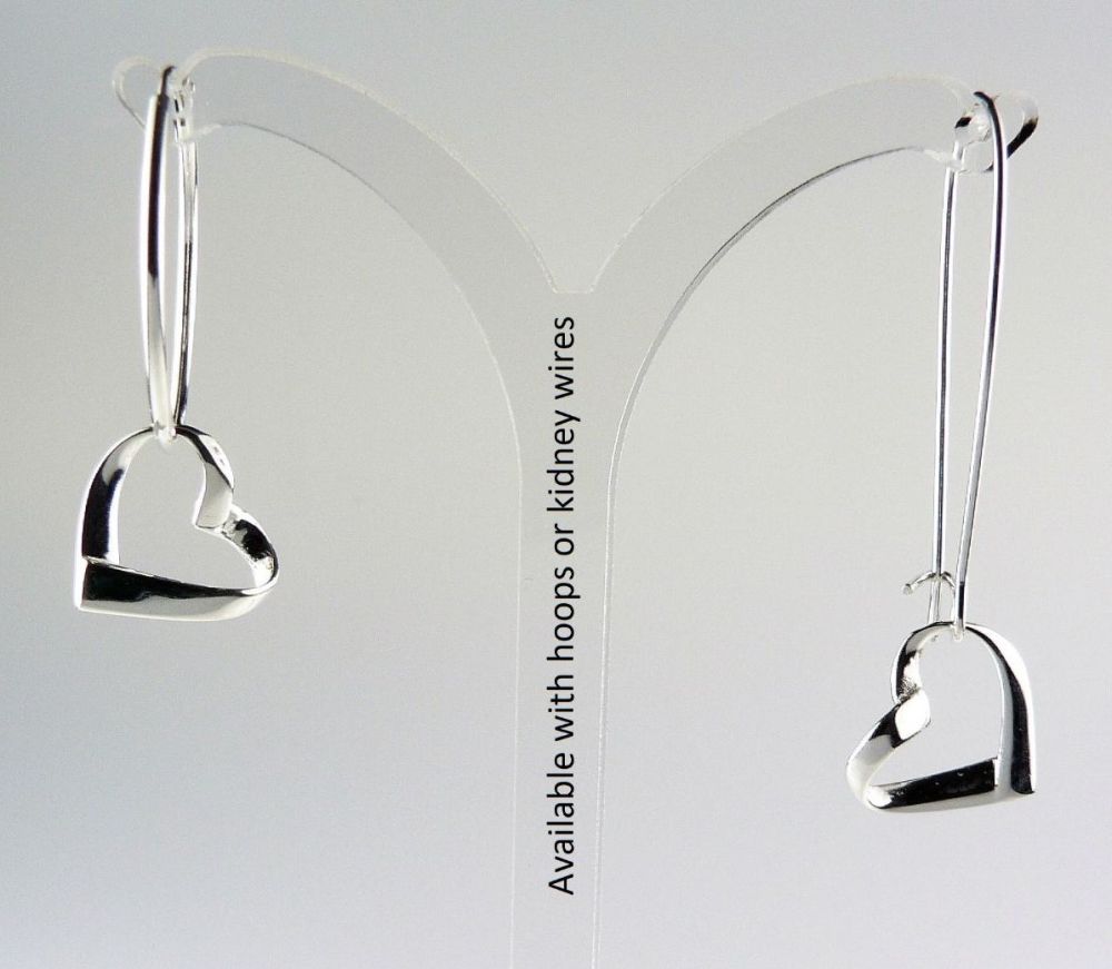 Sterling silver earrings with 12mm floating hearts, on either hoop or kidney wires, in a gift box