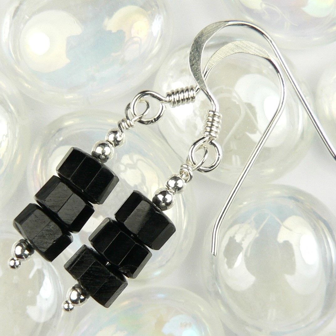 Sterling silver Black Spinel semi-precious stone earrings, in a gift box (tyres)