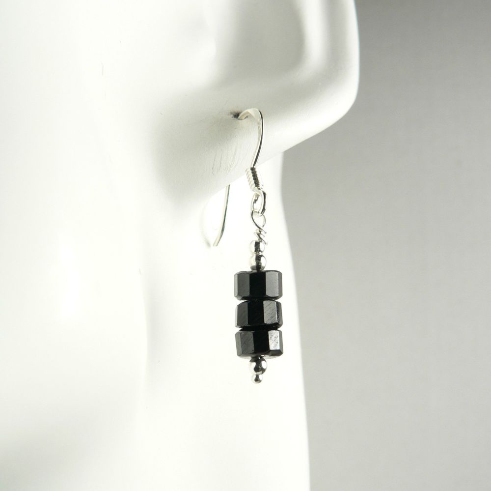 Sterling silver Black Spinel semi-precious stone earrings, in a gift box (tyres)