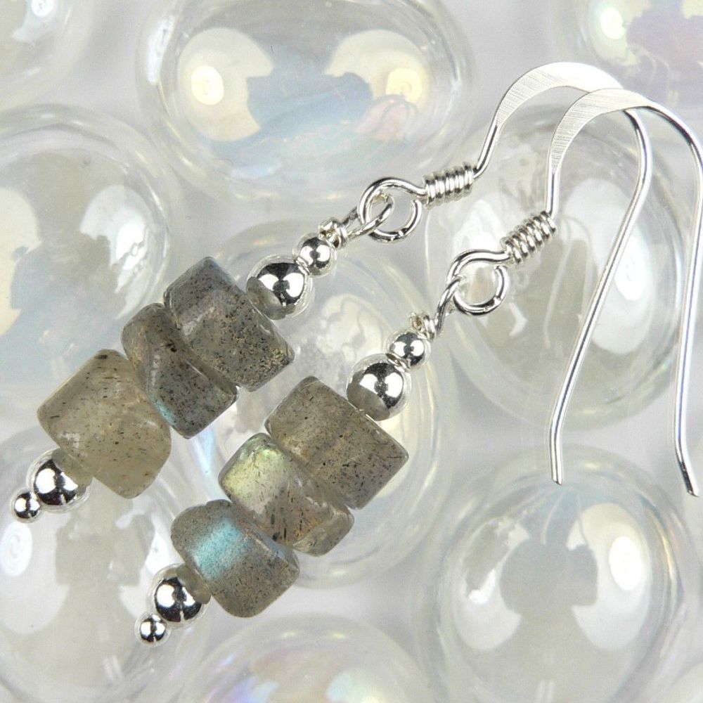 grey with flashes of blue labradorite semi precious stone earrings