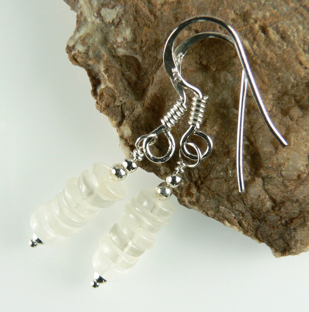 Sterling silver white-ish Moonstone semi-precious stone earrings, in a gift box (tyres)