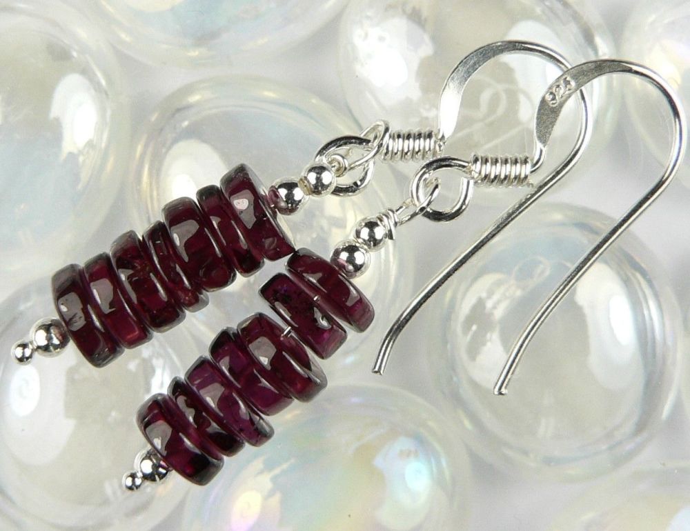 Sterling silver Rhodolite Garnet semi-precious stone earrings, in a gift box (tyres)