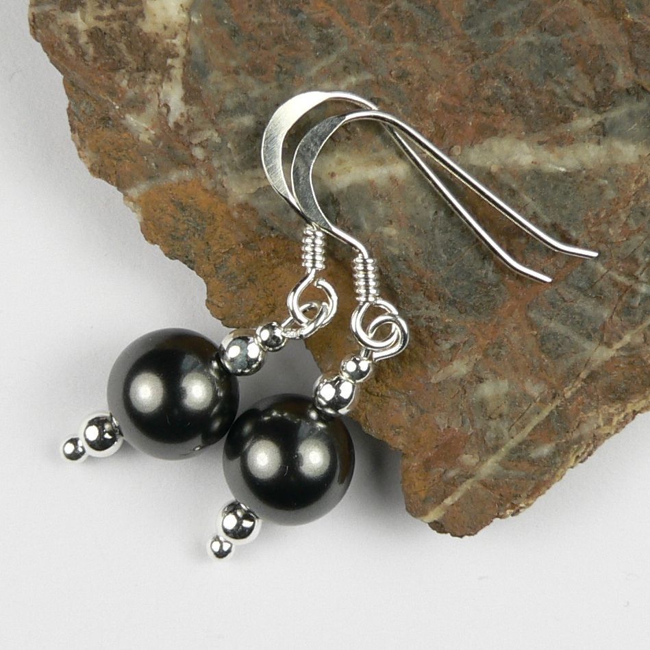 Sterling silver drop earrings made with  8mm black Swarovski crystal pearls, in a gift box