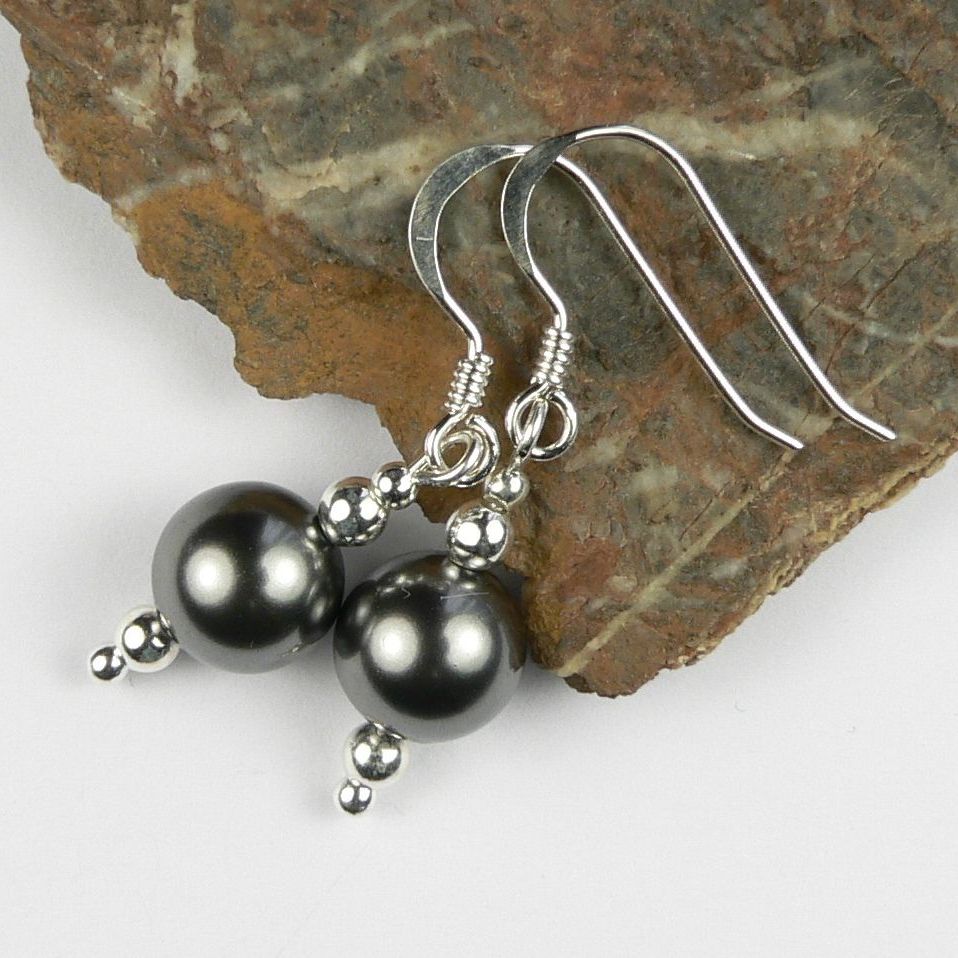 Sterling silver drop earrings made with 8mm dark grey Swarovski crystal pearls, in a gift box