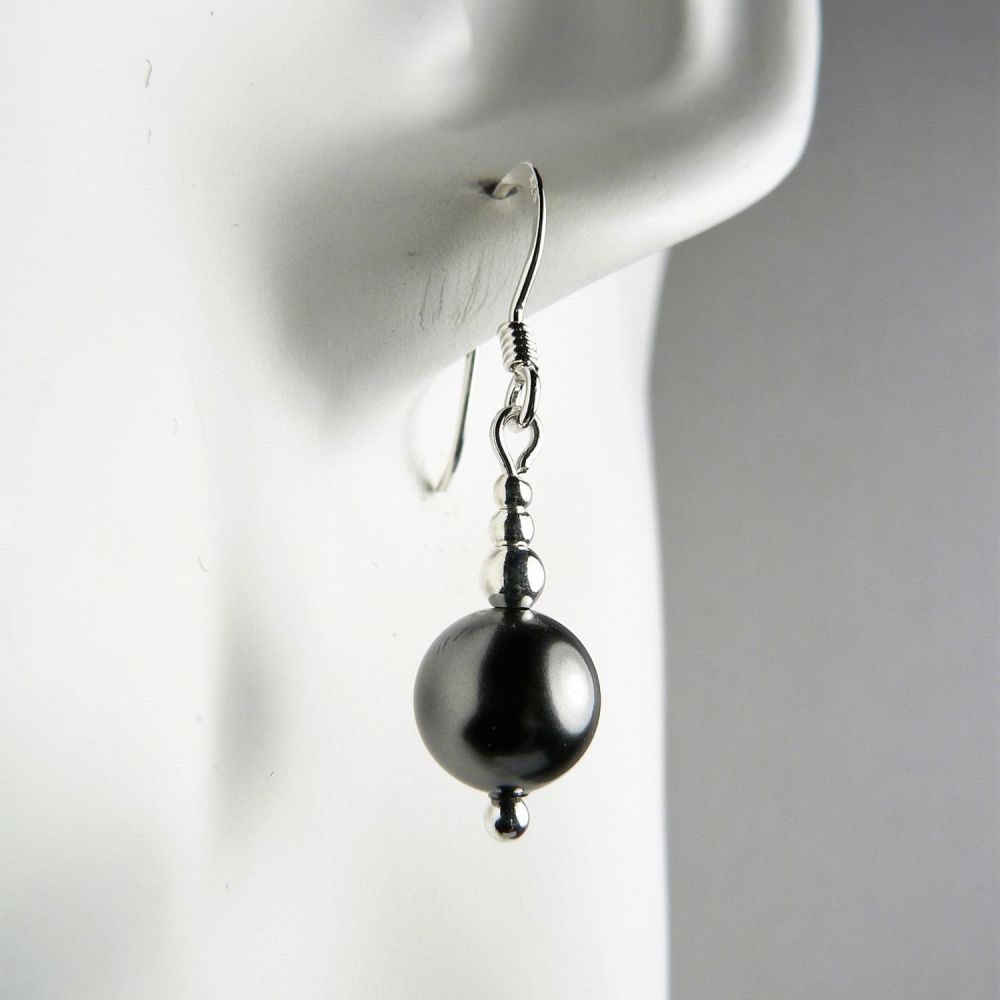 Sterling silver drop earrings made with 8mm dark grey Swarovski crystal pearls, in a gift box