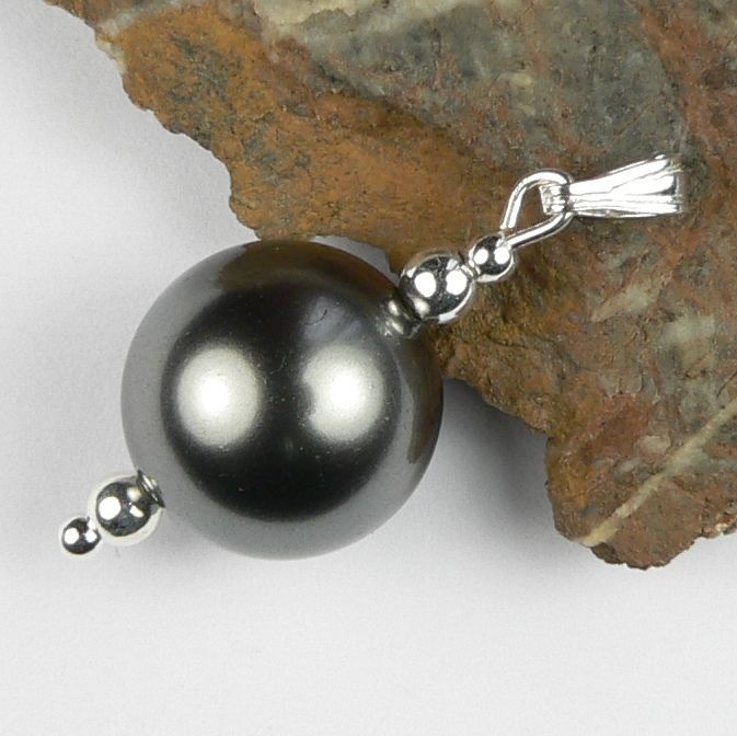 With/without a fine curb chain, sterling silver pendant made with a 12mm dark grey Swarovski crystal pearl, in a gift box