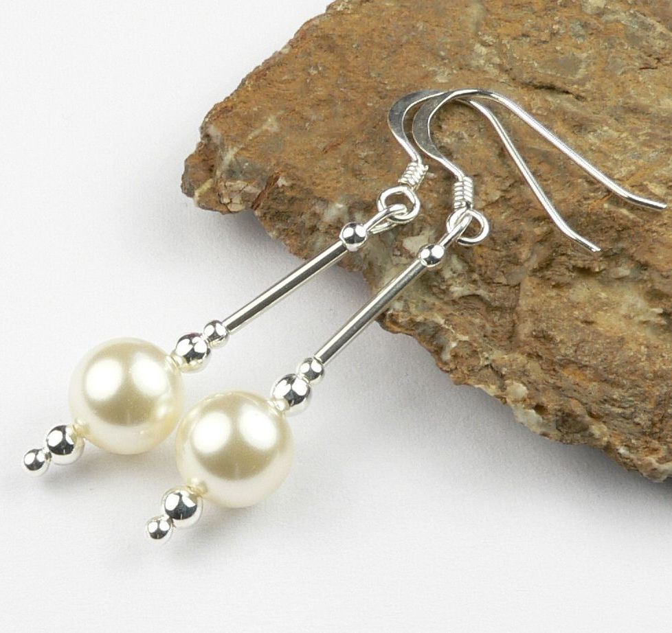 Sterling silver drop earrings made with 8mm cream Swarovski crystal pearls, in a gift box (cream or black) (L)