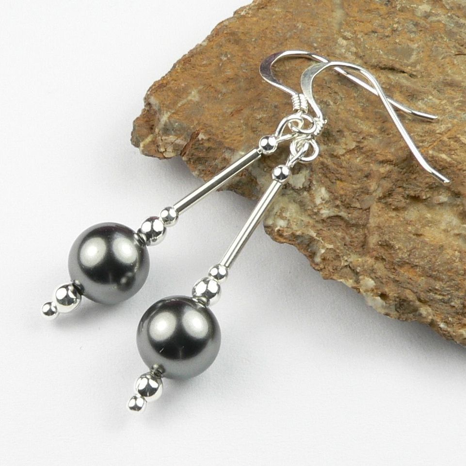 Sterling silver drop earrings made with 8mm dark grey Swarovski crystal pearls, in a gift box (L)