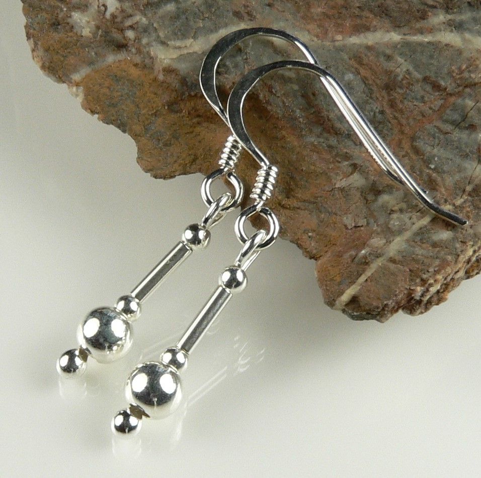 Sterling silver drop earrings, on either fish or kidney wires, in a gift box - beads 4mm, 2mm & 5mm tubes (ref 9119)