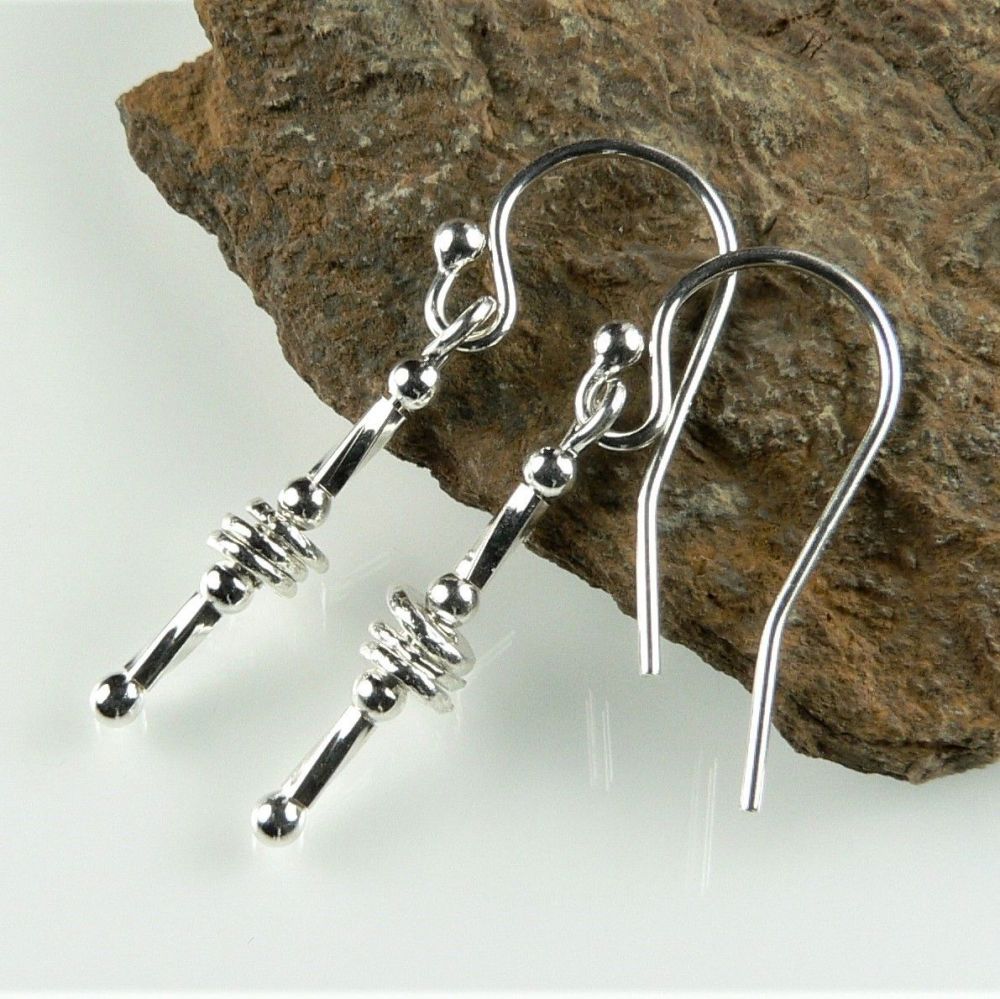 Sterling silver drop earrings, on either french, fish or kidney wires, in a gift box - twisted tubes & Hill Tribe Slices (8912)