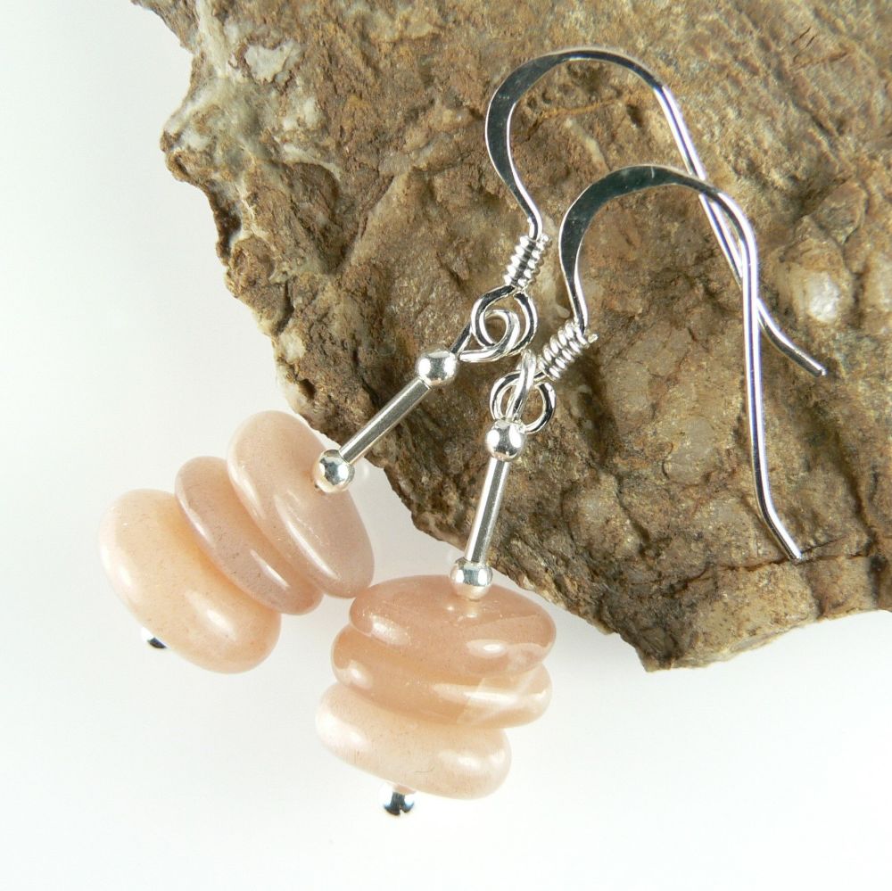 Sterling silver & Peach Moonstone semi-precious stone small slice earrings, in a gift box (M)