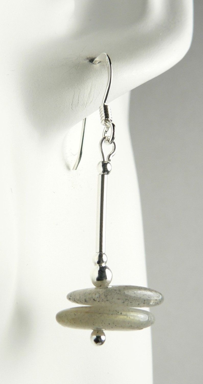 grey with flashes of blue labradorite semi precious stone slice earrings