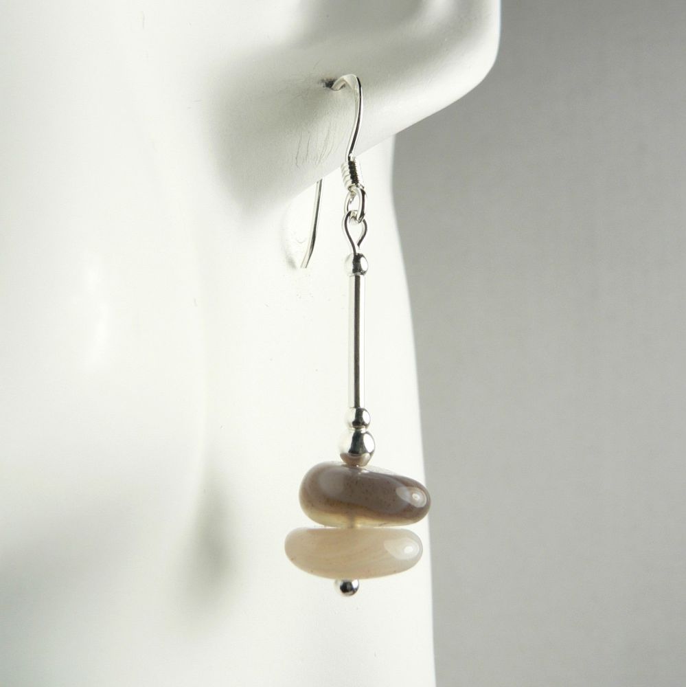 brown beige grey Botswana Agate semi precious stone slice earrings