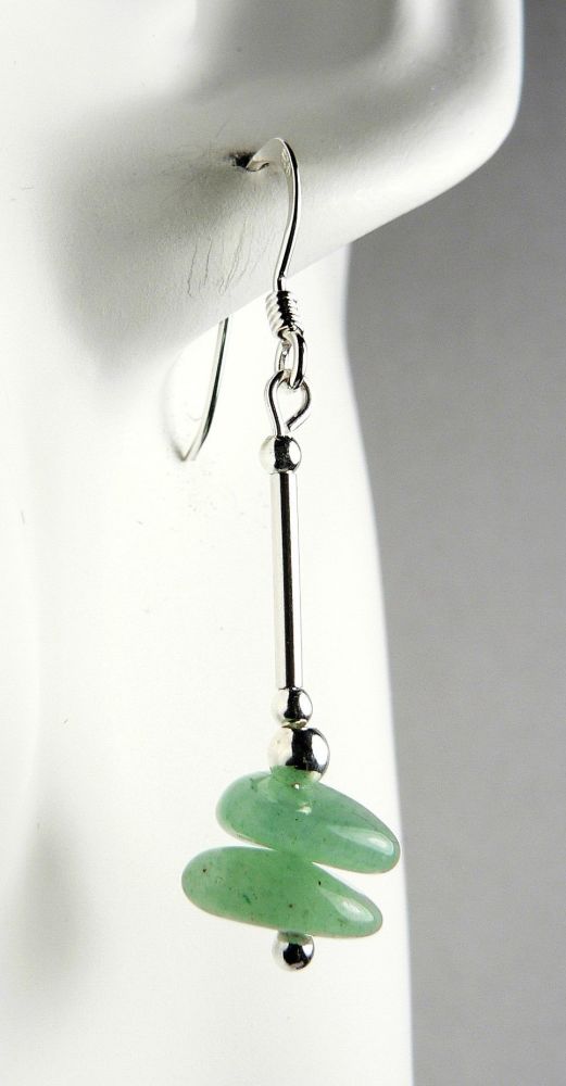 Sterling silver & Green Aventurine semi-precious stone slice earrings, in a gift box (L)