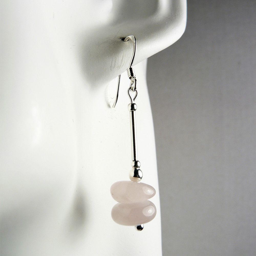 Sterling silver & Rose Quartz semi-precious stone slice earrings, in a gift box (L)