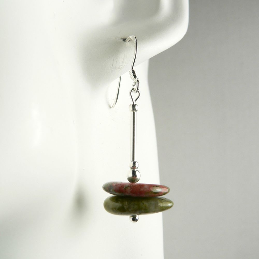 Green and pink-ish red Unakite semi precious stone slice earrings