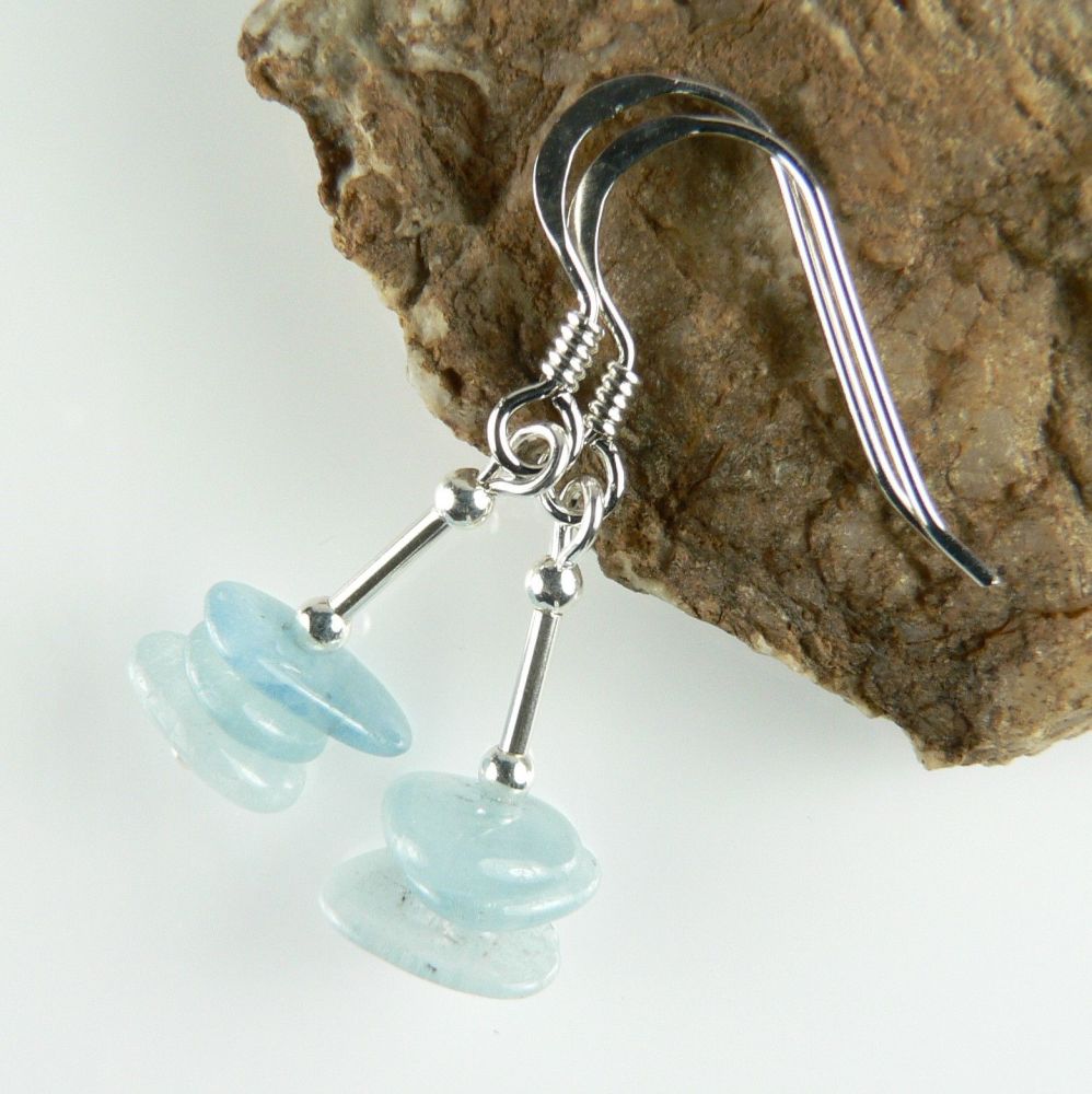 Sterling silver & Aquamarine semi-precious stone slice earrings, in a gift box (M)