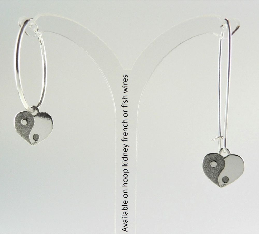 Sterling silver earrings with 11mm yin and yang hearts, on either hoop, kidney, french or fish wires, in a gift box