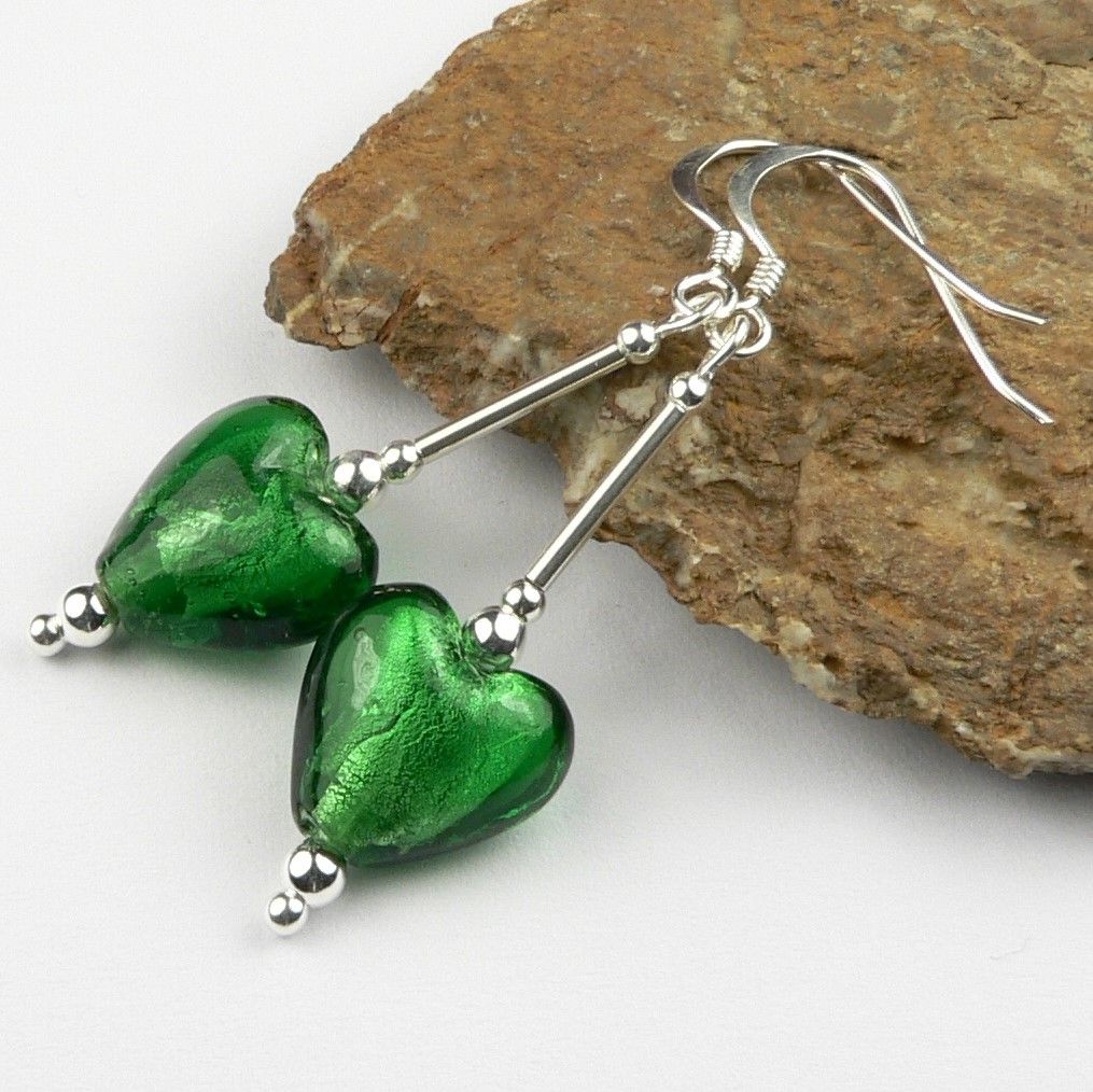 emerald green silver foil glass heart earrings