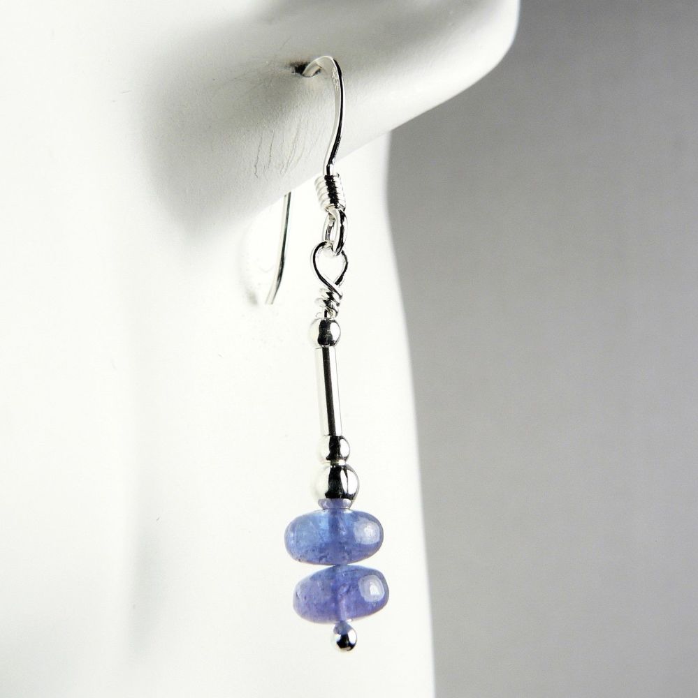 Sterling silver & Tanzanite semi-precious stone rondelle earrings, in a gift box (M)