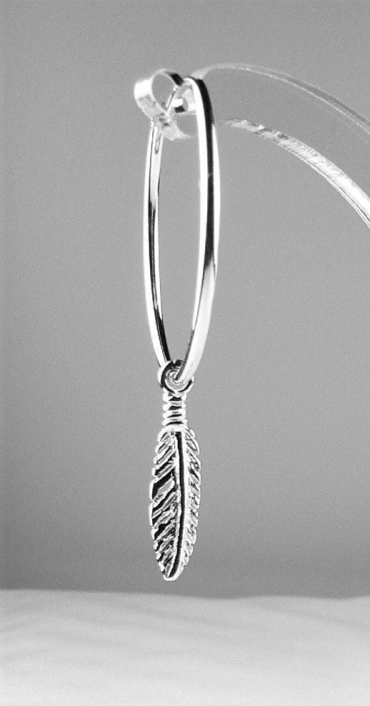 Pair of 17mm sterling silver feather earrings, on either hoops, kidney wires or fish wires, in a gift box