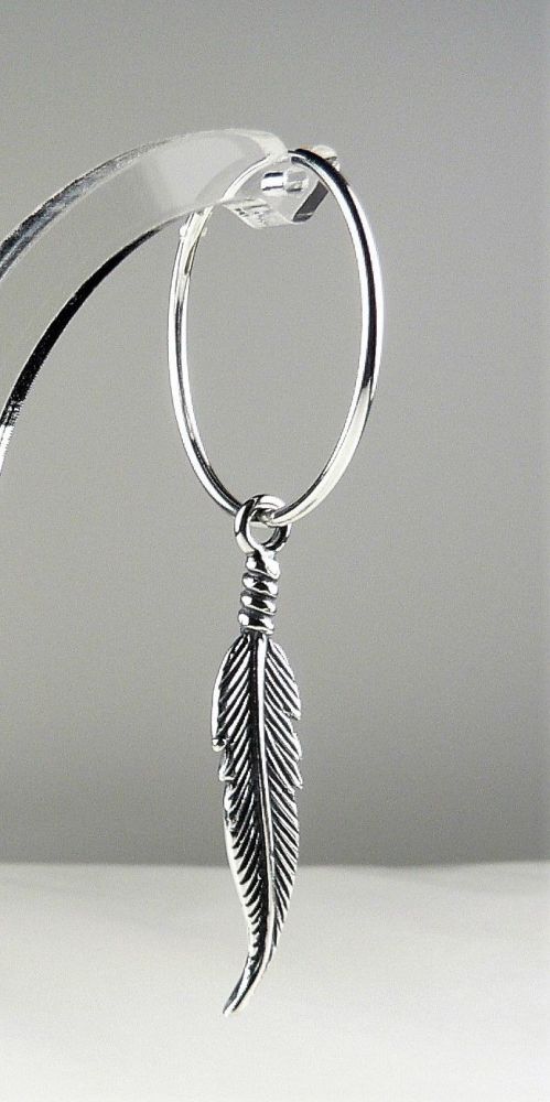 Pair of 33mm oxidised sterling silver feather earrings, on either hoops, kidney wires or fish wires, in a gift box