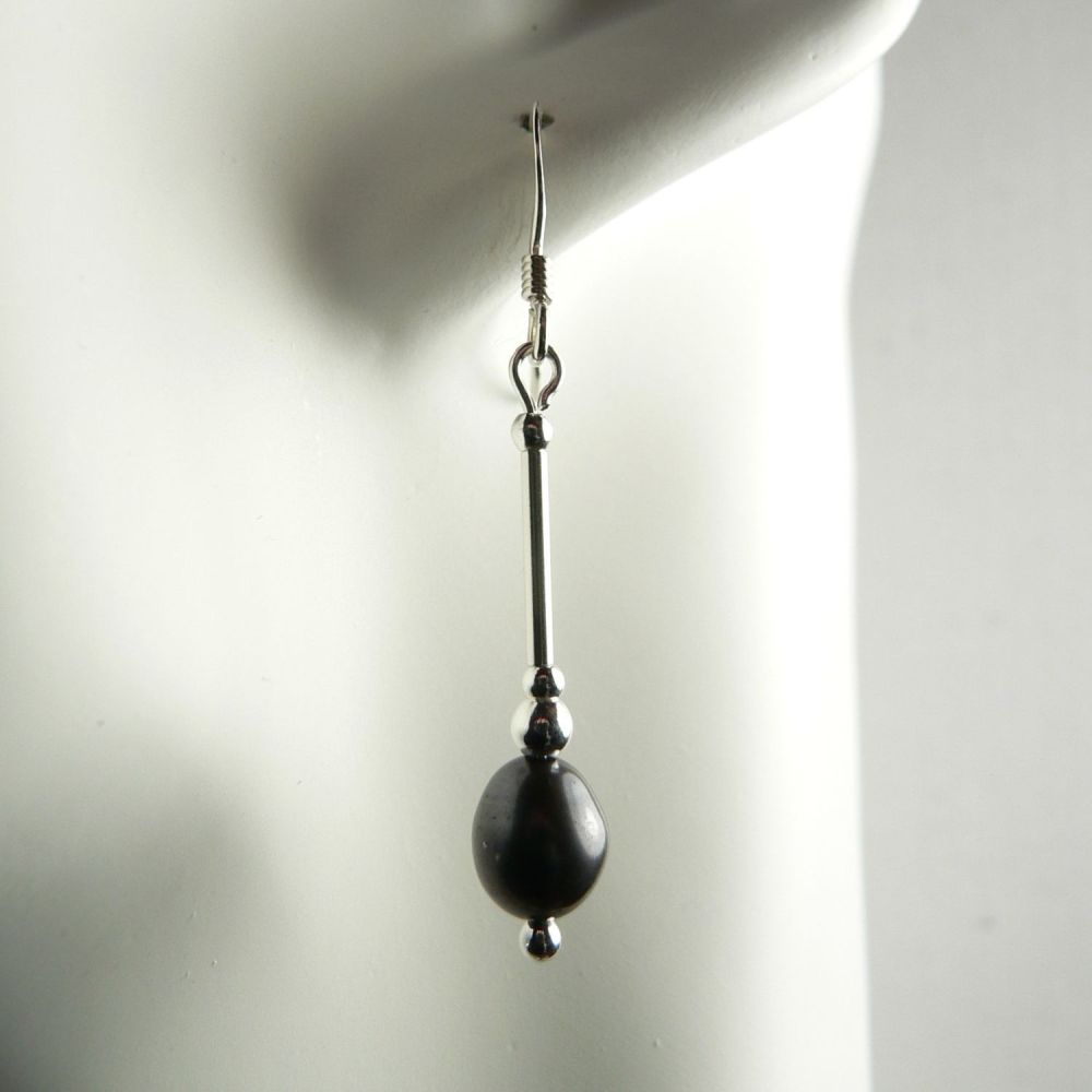 Sterling silver freshwater rice pearl drop earrings, in a gift box - (peacock - dyed) (L)