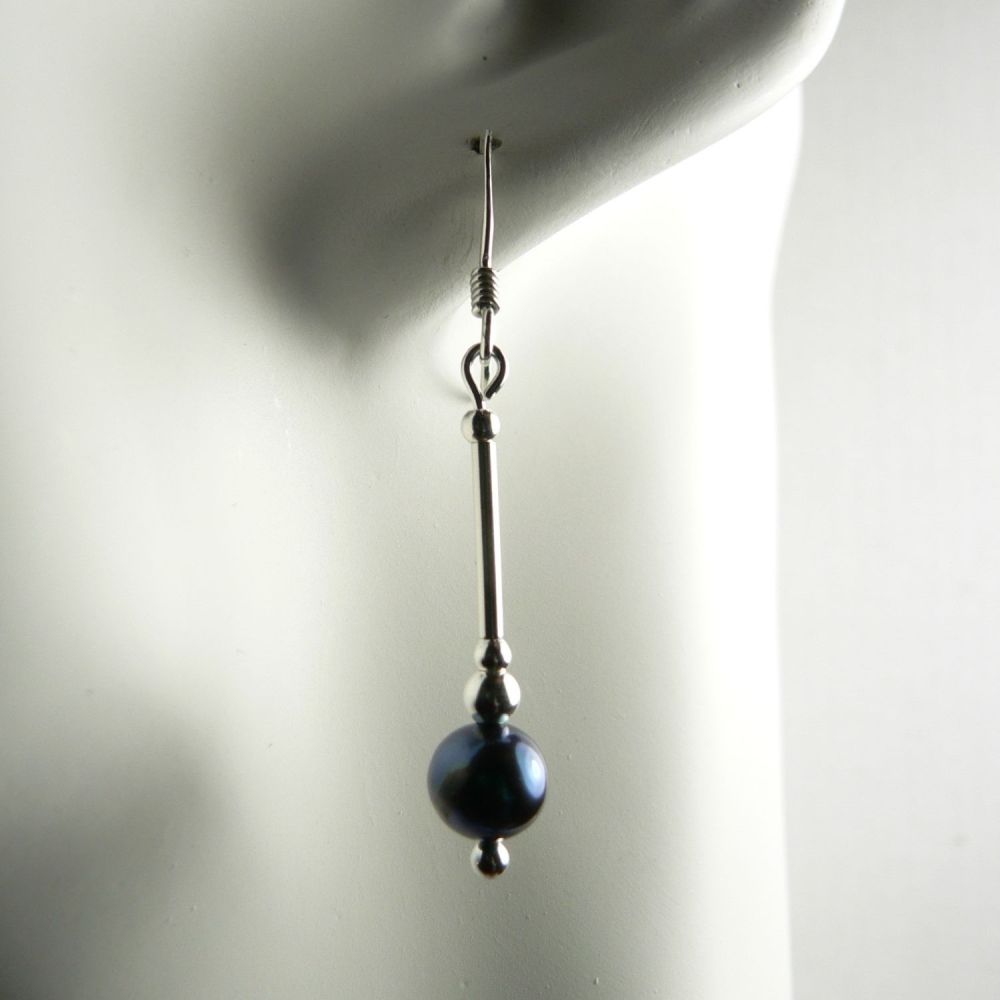 Sterling silver freshwater potato pearl drop earrings, in a gift box (peacock - dyed) (L)