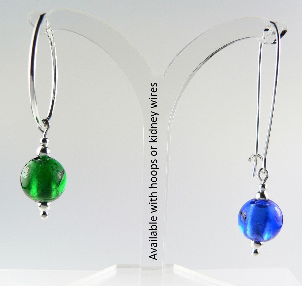 8 colours - sterling silver 10mm (+/-) silver-foil glass earrings in a gift box - on hoops, kidney or fish wires