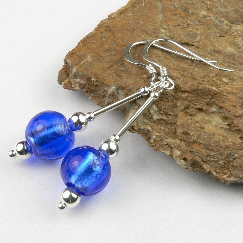 Sterling silver 10mm (+/-) silver-foil glass earrings in a gift box - on kidney or fish wires - Blue (L)