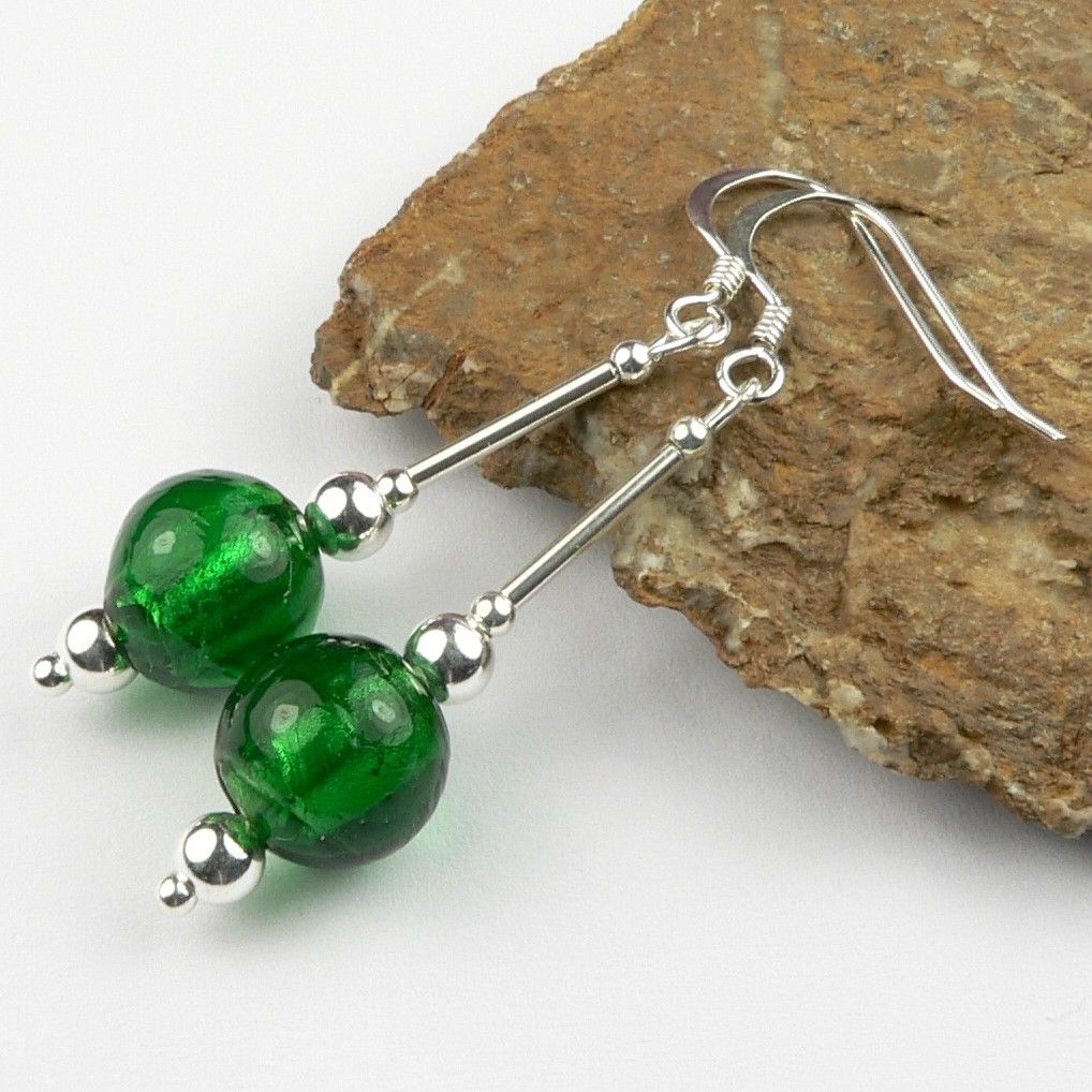 Sterling silver 10mm (+/-) silver-foil glass earrings in a gift box - on kidney or fish wires - Emerald Green (L)