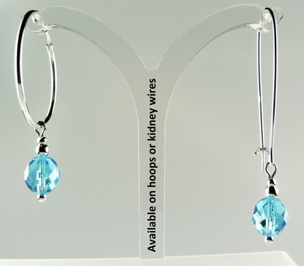 10 colour options - Sterling silver fire-polished Czech glass earrings, on hoops or kidney wires, in a gift box - glass bead 8mm (+/-)