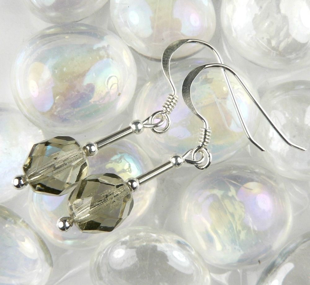 Sterling silver fire-polished Czech glass earrings, in a gift box - glass bead 8mm (+/-) (Black Diamond CF820) (M)