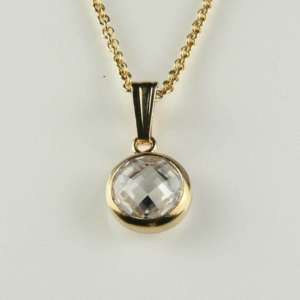 Dainty 14k, 1/20th gold filled & 6mm Cubic Zirconia stone necklace (18" fine trace chain), in a gift box (ref 10512)