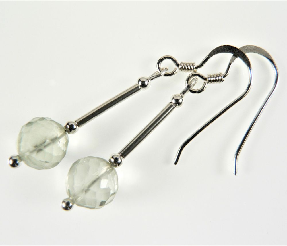 Sterling silver & 6mm (+/-) faceted Prasiolite (Green Amethyst) semi-precious stone earrings, in a gift box (L)