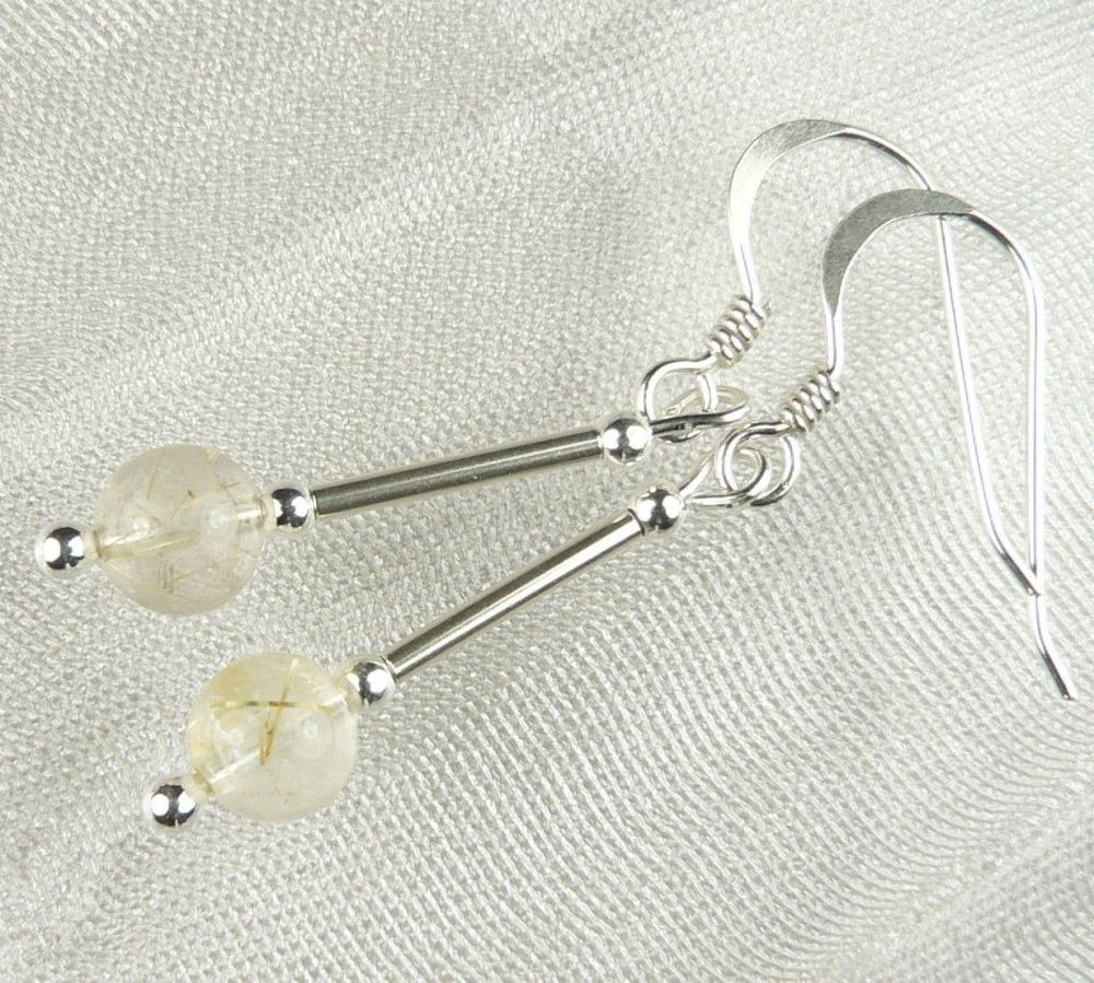 Sterling silver & 6mm (+/-) Golden Rutilated Quartz semi-precious stone earrings, in a gift box (L)